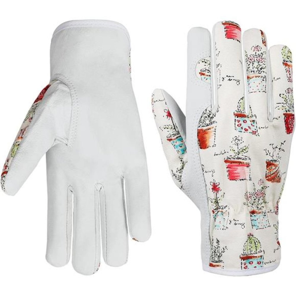Gardening Weeding Work Gloves - Cute White Leather & Canvas Thorn Proof